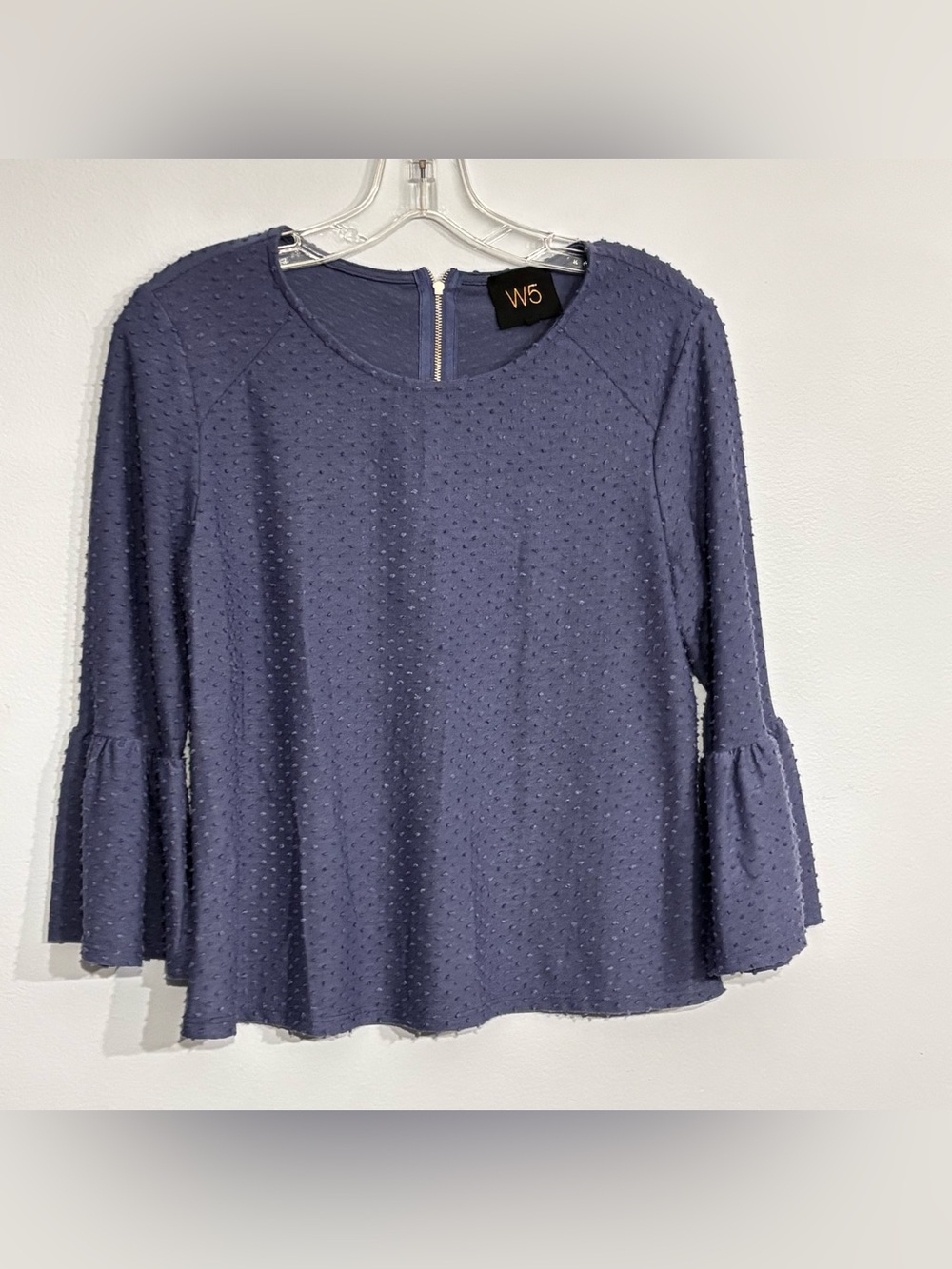 Anthropologie W5 Slate Blue Swiss Dot Bell Sleeve Casual Office Blouse Medium